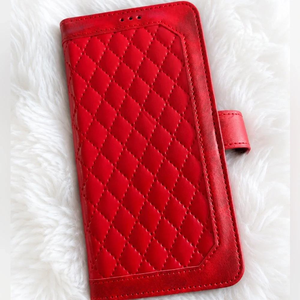Red Quilted Wallet Phone Case Folio Cover Card Holder Magnetic Closure